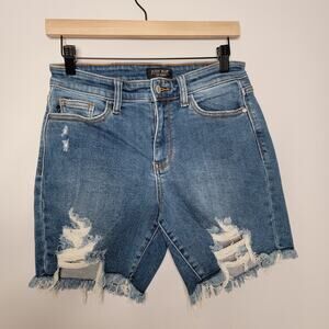 Judy Blue Denim Jean Distressed Shorts Cutoffs Sz M Raw Hem Stretch Western Boho